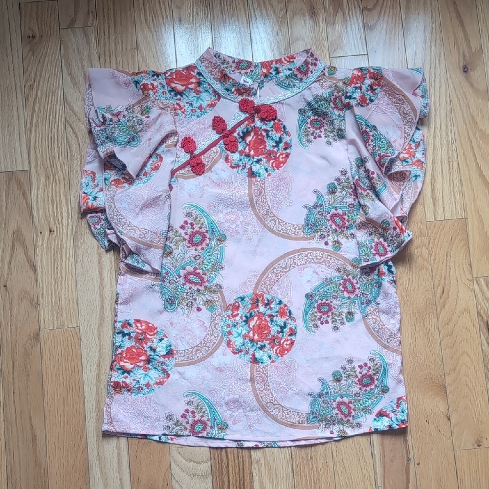 Floral Ruffle Chinese style Blouse with Mandarin collar